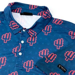 Yatta Golf Polo Mens XL Polo Shirt Teal Blue Coral Pink Cactus AOP Athleisure